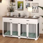 PIAOMTIEE Dog Crate Furniture, 72.4 Inch Wooden Dog Kennel, Modern Decorative Dog Crate End Table, Dog House with Double Doors, Drawers, Divider, Indoor Dog Cage for Large Medium Dogs, White