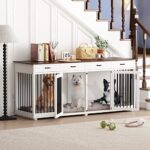 DAWNSPACES Large Dog Crate Furniture, 86.6 Inch Large Wooden Dog Kennel with Drawers & Divider, Heavy Duty Indoor Furniture Style Dog House with Double Rooms for Large Medium Small Dogs, White