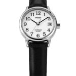 Timex Women’s T2H331 Indiglo Leather Strap Watch, Black/Silver-Tone/White