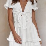 PRETTYGARDEN Women’s 2023 Summer Swing Mini Dress Tie Front V Neck Short Sleeve Ruffle Layer A-Line Short Dress(White,Medium)