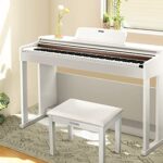 Donner Piano Bench with Storage, Solid Wood Keyboard Bench Piano Bookcase Stool Chair Seat with High-Density Suede Cushion, White