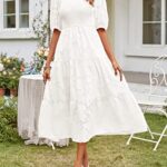 MEROKEETY Women’s Summer Puff Sleeve Smocked Floral Dress Crewneck Lace Flowy Tiered Midi Dresses,White,XXL