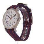 Timex Unisex Weekender 38mm Watch – Silver-Tone Case White Dial with Blue & Red Fabric Slip-Thru Strap