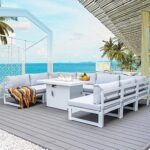 NICESOUL® 9 Pcs Aluminum Patio Furniture with Fire Pit Table Outdoor Conversation Set 43″ Propane Gas Convertable CSA Approved Outdoor Modern Luxury Sectional Sofa Set White Color