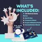 LUMOSX Glow in The Dark Stars for Ceiling – Stars from Recycled Materials w/Bonus North Star, Moon & Constellation E-Book | 220 pcs Ceiling Stars for Ceiling Decorations for Kids Room Decor