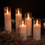 Amagic Pure White Flameless Candles, Battery Operated Candles, Flickering LED Pillar Candles with Remote Control and Timer, 3D Wick, Yellow and Blue Glow, Set of 5