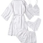 SOLY HUX Women’s Satin Pajama Set 4pcs Floral Lace Trim Cami Lingerie Sleepwear with Robe White Solid M