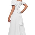 LYANER Women’s Off Shoulder Wrap Ruffle Puff Short Sleeve Ruched Tie Back Dress White Small