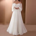 2021 Womens Off Shoulder Wedding Dresses Long Sleeve Mesh Bridal Dresses Evening Maxi Dress Ruffle Sweetheart Bridal Long Gowns White, X-Large