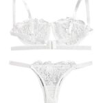 SheIn Women’s 2 Piece Sexy Lace Strap Bralette Bra and Panty Lingerie Set Push Up White Small