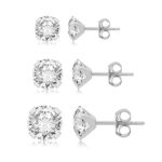 Jewelili 10k White Gold with 4mm, 5mm and 6mm White Round Cubic Zirconia Stud Earrings, 3 Pairs