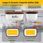 Butter Dish with Lid and Knife for Countertop, Airtight Butter Keeper for Counter or Fridge, Ceramic Butter Container with Thick Acacia Wood Lid, for Modern Kitchen Decor and Accessories, White