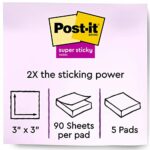 Post-it Super Sticky Notes, 3×3 in, 5 Pads, 2x the Sticking Power, White, Recyclable(654-5SSW)