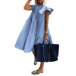 BAXLIMEK Babydoll Dresses for Women,2023 Summer Cute Trendy Casual Loose Crewneck Ruffle Sleeve Plus Size Mini Dress,Romantic Flowy Ruched Beach Dress Hawaiian Vacation Outfits(D-Light Blue,XL)