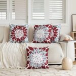 Burgundy and Grey Throw Pillow Covers Set of 4 Outdoor Waterproof Pillow Covers Modern Decorative Dahlia Floral Couch Pillowcases for Patio Bedroom Living Room Sofa, 18″ x 18″, Red/White