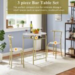 VECELO 3 Piece Small Round Dining Table Set for Kitchen Breakfast Nook, Wood Grain Tabletop with Wine Storage Rack, Save Space, 31.5″, White & Gold