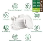 Paper Plates Set 250PCS,Eco Paper Plates for Party,9 Inch and 7 Inch Sugarcane Bagasse Biodegradable Paper Plates,Cornstarch Forks,Knives and Spoons Plates Set for 50 People(White)