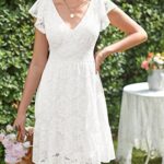 MEROKEETY Summer Dress for Women 2023 Boho Ruffle V Neck Tie Back Swing Cocktail Party Dress,White,M