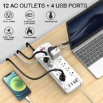 Power Strip, Tcstei Surge Protector with 12 Outlets and 4 USB Ports, 6 Feet Extension Cord (1875W/15A) for for Home, Office, Dorm Essentials, 2700 Joules, ETL Listed, (White)