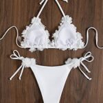 GORGLITTER Women’s Appliques Triangle Bikini Set Halter Wireless Bra and Tie Side Thong Swimsuit Set White Large