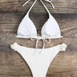OYOANGLE Women’s 2 Piece Sexy Tie Halter String Triangle Bikini Sets Floral Swimsuit Beige S