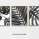 Grey Tropical Leaf Botanical Wall Art 3 Piece Print Set 8×10 Unframed Black and White Monstera and Palm Leaves for Bathroom, Bedroom Home Decor Idea