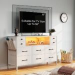Rolanstar Dresser with Power Outlets and LED Lights, 10 Drawers Dresser with Side Pocket, Fabric Chest of Drawers with PU Finish, Wide Dresser with Sturdy Frame & Wood Top for up to 55inch TV, White