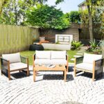 Tangkula Outdoor Wood Furniture Set, Acacia Wood Loveseat Sofa, 2 Single Chairs and Coffee Table, 4 Pieces Conversation Set with Cushions, Garden Balcony Poolside Outdoor Living Set (1, White)