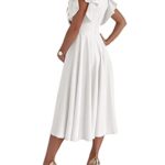 LYANER Women’s Ruffle Short Sleeve Deep V Neck Wrap Front Swing A Line Flared Cocktail Party Midi Dress White X-Large