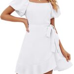SAMPEEL Summer Dress for Women 2023 Square Neck Tie Waist Trendy Dresses White Fahion L
