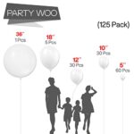 PartyWoo White Balloons, 125 pcs White Balloons Different Sizes Pack of 36 Inch 18 Inch 12 Inch 10 Inch 5 Inch for Balloon Garland Arch as Birthday Decorations, Party Decorations, Wedding Decorations