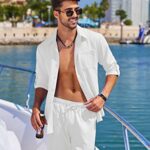 COOFANDY Mens Coordinated Outfit 2 Piece Linen Shirts and Beach Pants Sets Summer Casual Loose Cuban Shirt Set, White, X-Large