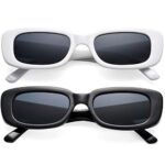 2 Pack Trendy Rectangle Sunglasses for Women Narrow Square Frame Shade 100% UV Blocking (White + Black)