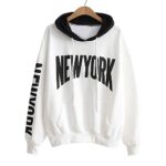Napoo Women NEW YORK Letter Print Pocket Hooded Pullover Sweatshirt (S, White)