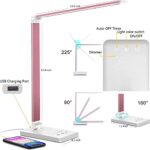 White crown LED Desk Lamp Dimmable Table Lamp Reading Lamp with USB Charging Port, 5 Lighting Modes, Sensitive Control, 30/60 Minutes Auto-Off Timer, Eye-Caring Office Lamp (Pink)