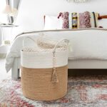 Mkono Woven Storage Basket Decorative Rope Basket Wooden Bead Decoration for Blankets,Toys,Clothes,Shoes,Plant Organizer Bin with Handles Living Room Home Decor, 15″Wx17.7″L,White and Yellow