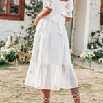 MEROKEETY Women’s White Dress Summer Square Neck Puff Sleeve Boho Midi Dress Swiss Dot Ruffle Flowy Tie Back Dress, White, S