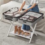 SONGMICS Bamboo Luggage Rack for Guest Room, Folding Suitcase Stand with Fabric Storage Shelf, for Hotel, Bedroom, Heavy-Duty, Holds up to 131 lb, Classic White URLR007W01