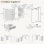 HOMBCK White L Shaped Desk with Storage Drawers, 55 inch Reversible L Shaped Desk with 2 Shelves and Monitor Stand, L Shaped Computer Desk with Storage Cabinet for Small Space, Bedroom, White