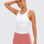 CRZ YOGA Womens Seamless Ribbed Longline High Neck Sports Bra – Racerback Padded Slim Fit Crop Tank Top with Built in Bra White Small
