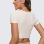 CRZ YOGA Womens Butterluxe Short Sleeve Crop Tops Double Lined Crew Neck Casual Workout T-Shirt Cute Basic Tee White Apricot Small