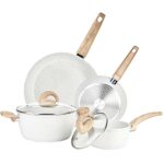 Vkoocy Nonstick Kitchen Cookware Set, Pots and Pans Set Healthy Induction Granite Cooking Set w/Frying Pans, Saucepans, Casserole, Dishwasher Safe, White (PFOS, PFOA Free)