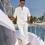 COOFANDY Men’s Cotton Linen Sets 2 Piece Casual White Henley Shirt Long Sleeve Beach pants with Pockets Outfits