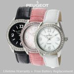 Peugeot Women’s Large Silver Case Swarovski Crystal White Thick Leather Band Dress Watch 3006WT