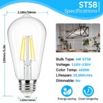 Brightever Vintage LED Edison Bulbs 60 Watt Equivalent, 6W ST58 Super Bright 4000K Neutral Daylight White, Clear Glass Style 700Lumens Antique LED Filament Bulbs, E26 Base, Non-dimmable, 4 Packs