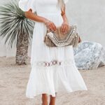 Leaduty Women’s Sexy Boho Lace Strap Puff Short Sleeve Off Shoulder Square Neck Ruffle High Waist A-Line Flowy Maxi Dress White