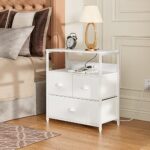 Furnulem White Nightstand with Charging Station, Wooden End Table with USB Ports & Power Outlets, Industrial Bedside Tables with 3 Fabric Drawers and Shelf for Bedroom, Living Room