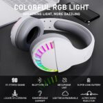 Wireless Bluetooth Headphone with Noise Cancellation HiFi Stereo Sound Mic Deep Bass Protein Earpad Rainbow RGB Backlight Rechageable Over Ear Headset for PC Mac Game Travel Class Home Office (White)