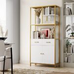 HITHOS 71″ Tall Bookshelf, Modern White and Gold Bookcase, Book Shelves with Drawers and Storage Cabinet, Metal Etagere Bookcase Display Shelves for Home Office, Gold/White