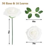 HappyHapi 50Pcs Artificial Flowers Roses Bulk White Foam Fake Roses with Stems for Wedding, Bridal Shower Decorations Fake Flowers Centerpieces Tables Decorations